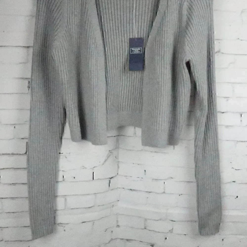 ABERCROMBIE & FITCH GREY LONG SLEEVE RIBBED CROPPED OPEN CARDIGAN SWEATER SIZE S